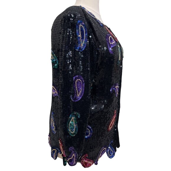 Vintage Scala Sequin Silk Jacket Paisley Beaded Black Purple Pink Blazer Size 2X - Picture 6 of 10